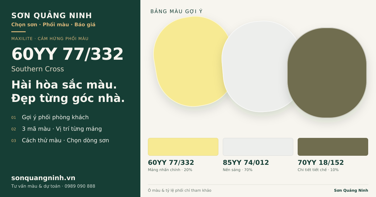 Maxilite 60YY 77/332 Southern Cross · Phòng khách · Bộ phối 60YY 77/332 + 85YY 74/012 + 70YY 18/152. Bảng màu gợi ý; ảnh chỉ tham khảo.