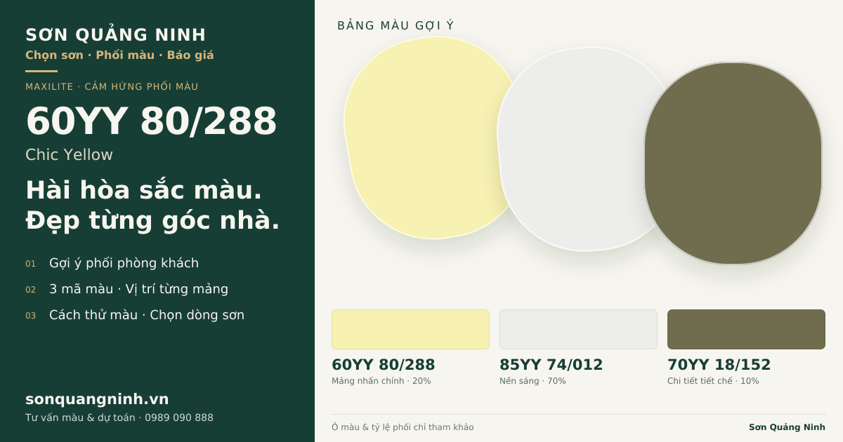Maxilite 60YY 80/288 Chic Yellow · Phòng khách · Bộ phối 60YY 80/288 + 85YY 74/012 + 70YY 18/152. Bảng màu gợi ý; ảnh chỉ tham khảo.