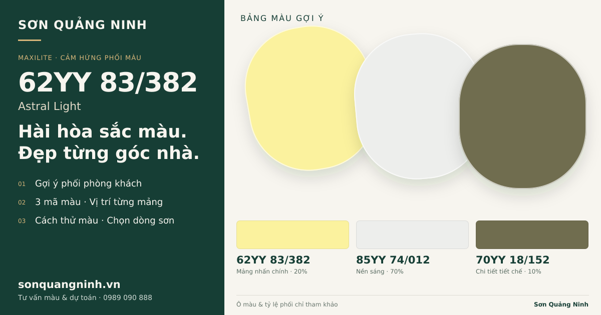 Maxilite 62YY 83/382 Astral Light · Phòng khách · Bộ phối 62YY 83/382 + 85YY 74/012 + 70YY 18/152. Bảng màu gợi ý; ảnh chỉ tham khảo.
