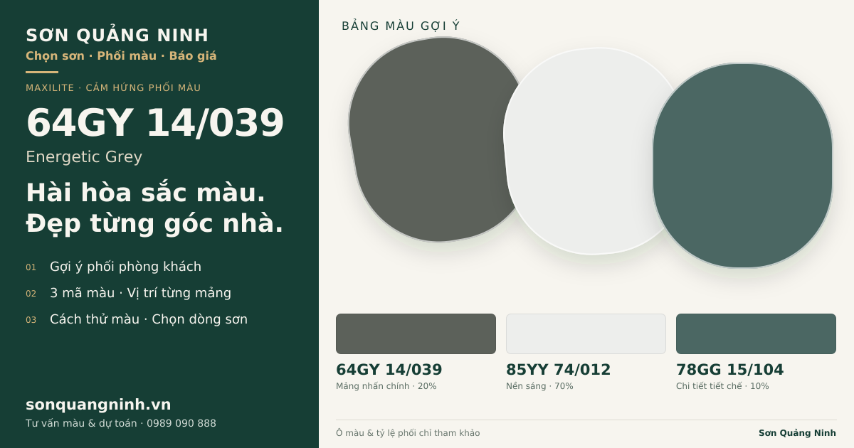 Maxilite 64GY 14/039 Energetic Grey · Phòng khách · Bộ phối 64GY 14/039 + 85YY 74/012 + 78GG 15/104. Bảng màu gợi ý; ảnh chỉ tham khảo.