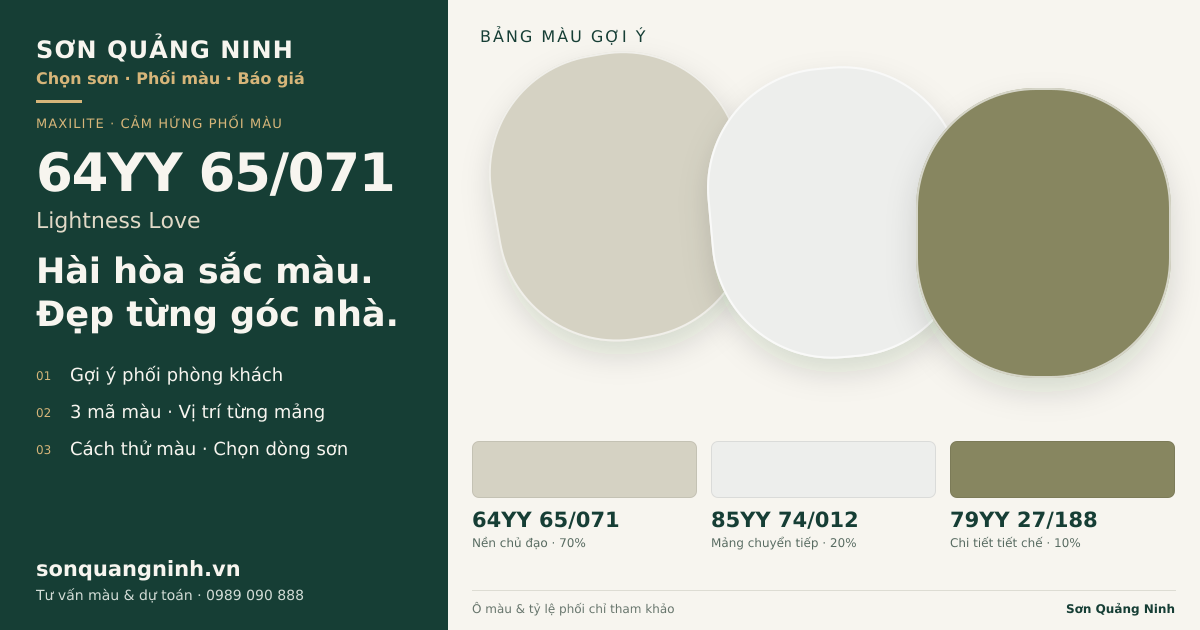 Maxilite 64YY 65/071 Lightness Love · Phòng khách · Bộ phối 64YY 65/071 + 85YY 74/012 + 79YY 27/188. Bảng màu gợi ý; ảnh chỉ tham khảo.