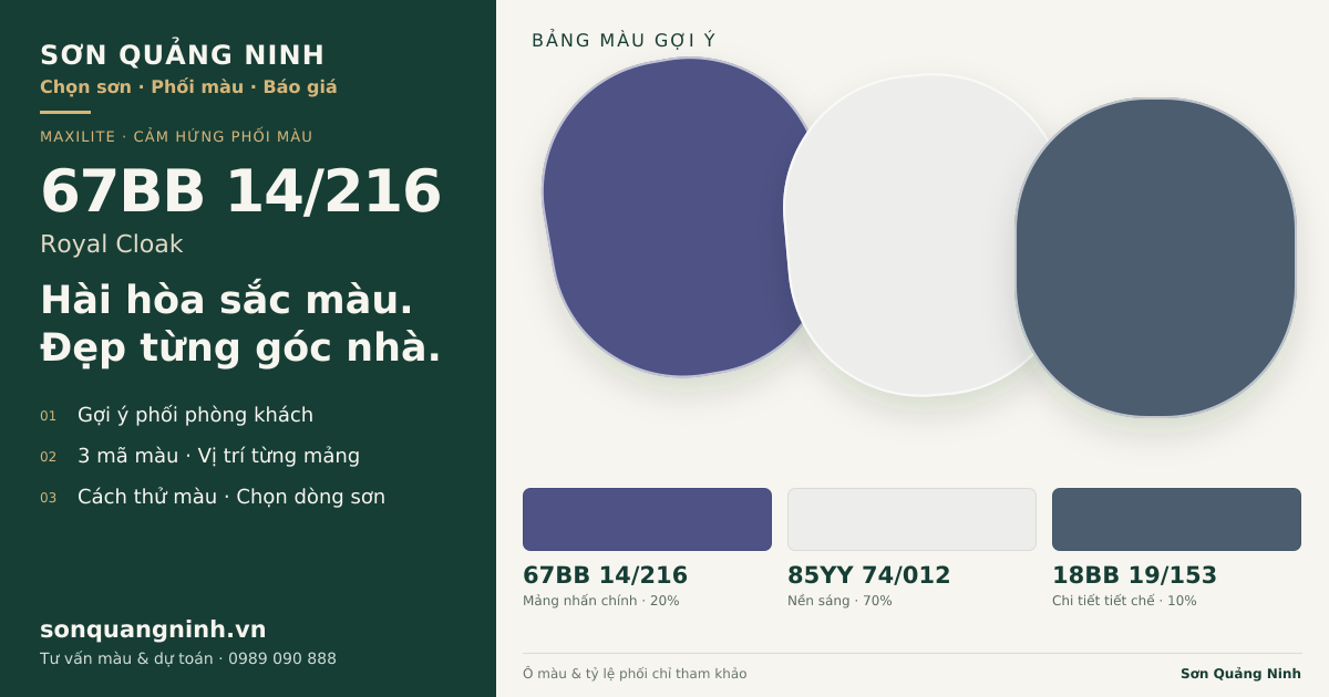 Maxilite 67BB 14/216 Royal Cloak · Phòng khách · Bộ phối 67BB 14/216 + 85YY 74/012 + 18BB 19/153. Bảng màu gợi ý; ảnh chỉ tham khảo.