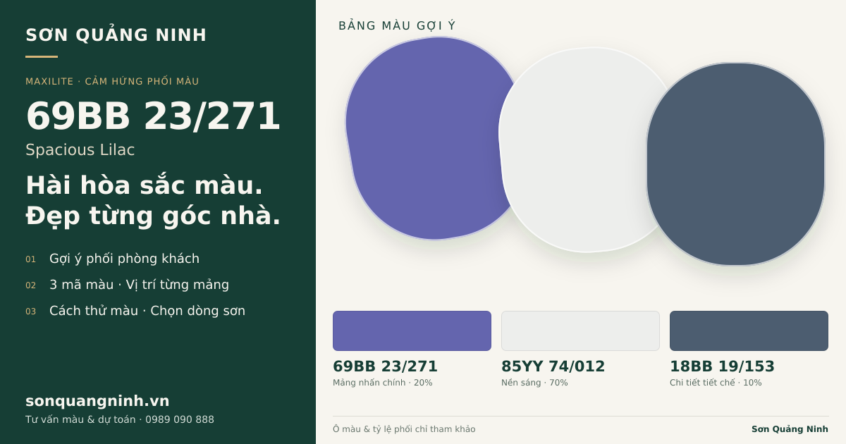 Maxilite 69BB 23/271 Spacious Lilac · Phòng khách · Bộ phối 69BB 23/271 + 85YY 74/012 + 18BB 19/153. Bảng màu gợi ý; ảnh chỉ tham khảo.