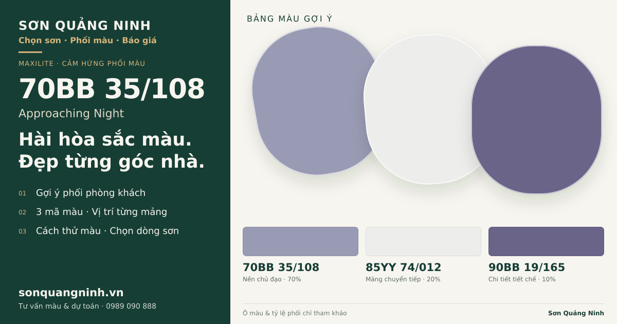 Maxilite 70BB 35/108 Approaching Night · Phòng khách · Bộ phối 70BB 35/108 + 85YY 74/012 + 90BB 19/165. Bảng màu gợi ý; ảnh chỉ tham khảo.
