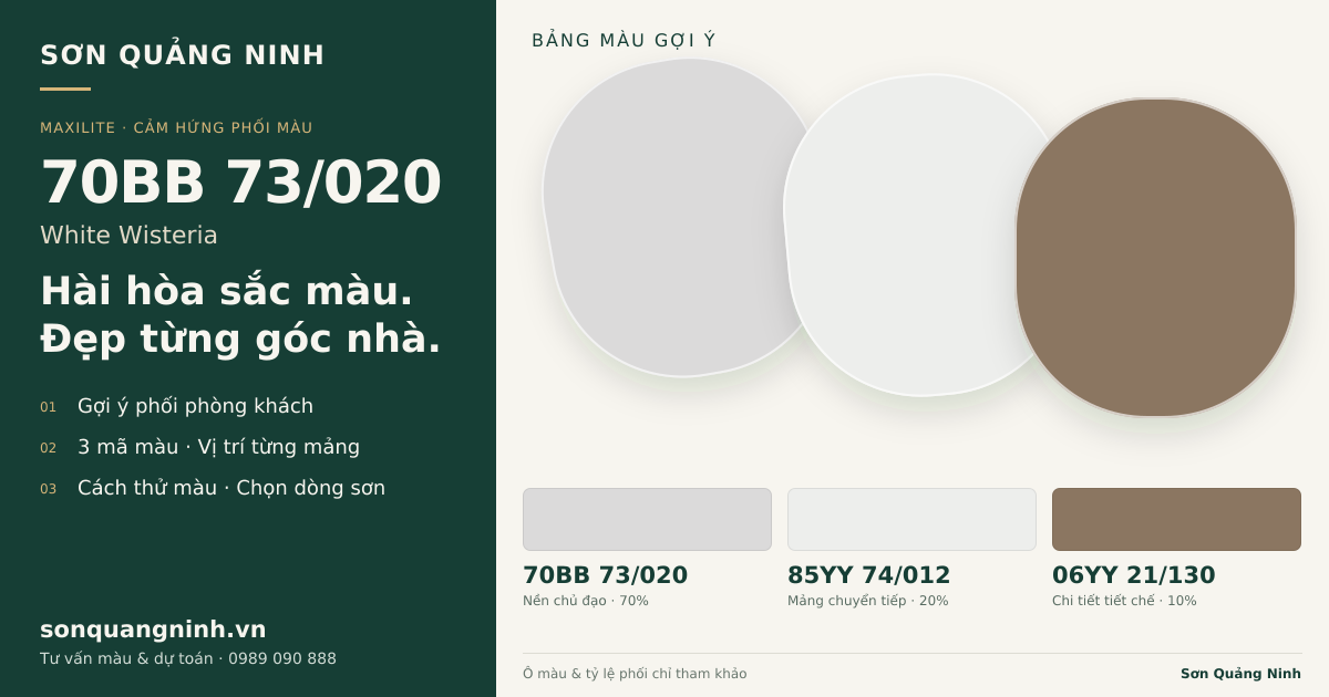 Maxilite 70BB 73/020 White Wisteria · Phòng khách · Bộ phối 70BB 73/020 + 85YY 74/012 + 06YY 21/130. Bảng màu gợi ý; ảnh chỉ tham khảo.