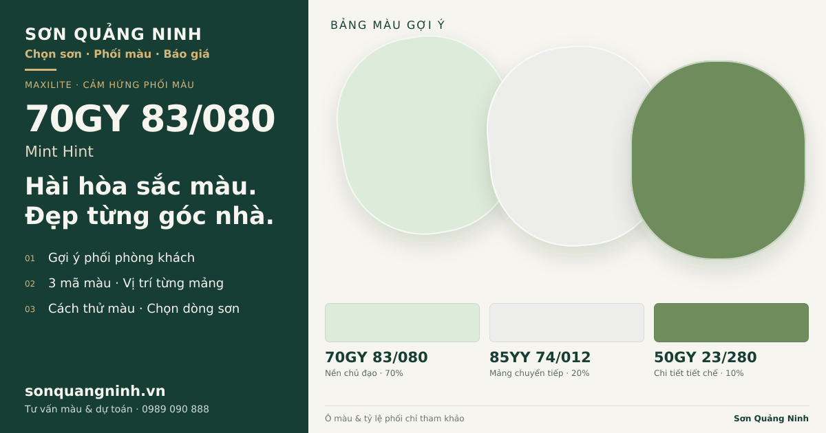 Maxilite 70GY 83/080 Mint Hint · Phòng khách · Bộ phối 70GY 83/080 + 85YY 74/012 + 50GY 23/280. Bảng màu gợi ý; ảnh chỉ tham khảo.