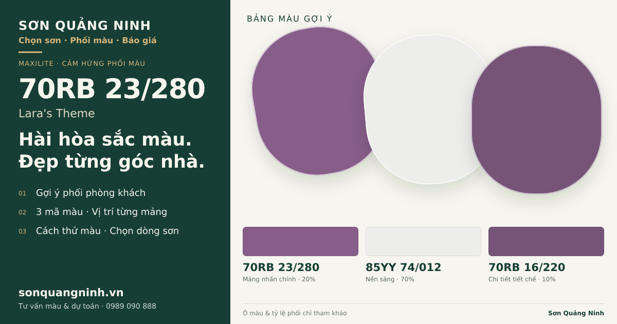 Maxilite 70RB 23/280 Lara's Theme · Phòng khách · Bộ phối 70RB 23/280 + 85YY 74/012 + 70RB 16/220. Bảng màu gợi ý; ảnh chỉ tham khảo.