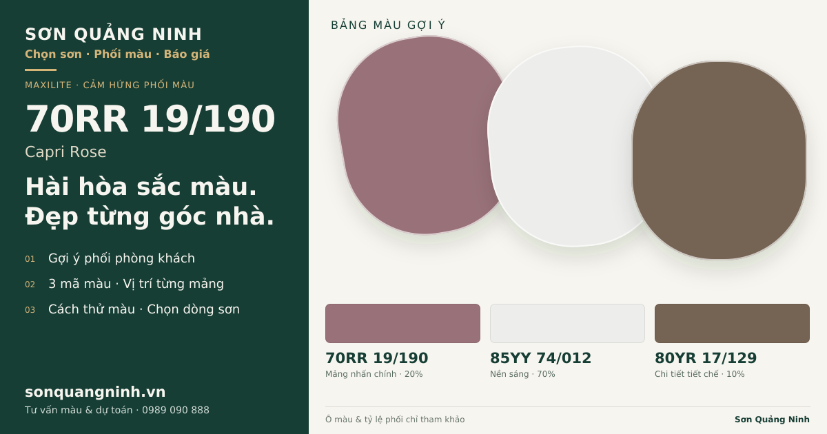 Maxilite 70RR 19/190 Capri Rose · Phòng khách · Bộ phối 70RR 19/190 + 85YY 74/012 + 80YR 17/129. Bảng màu gợi ý; ảnh chỉ tham khảo.