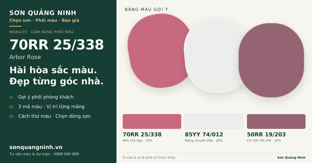Maxilite 70RR 25/338 Arbor Rose · Phòng khách · Bộ phối 70RR 25/338 + 85YY 74/012 + 50RR 19/203. Bảng màu gợi ý; ảnh chỉ tham khảo.