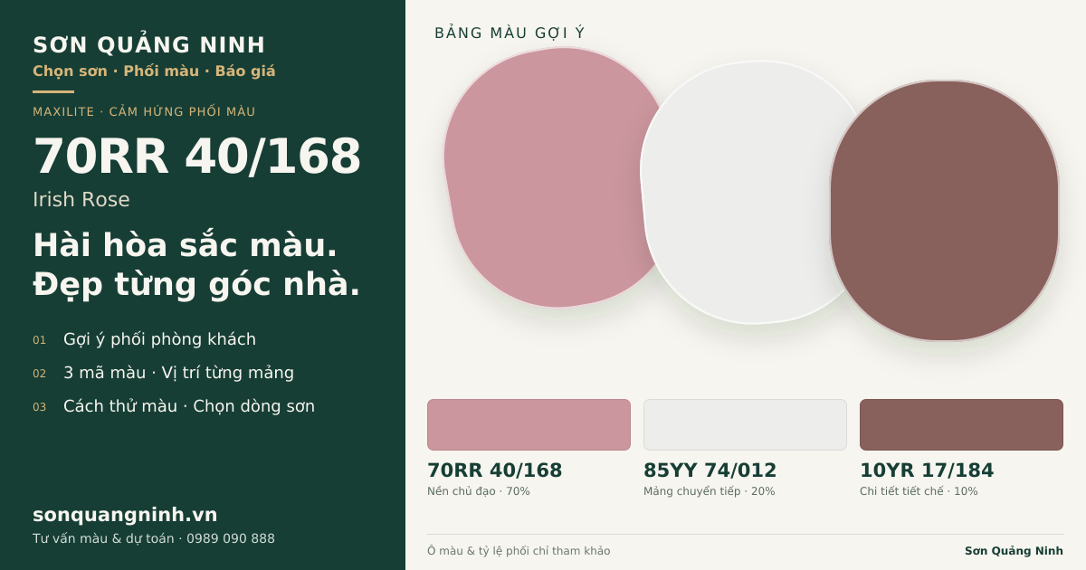 Maxilite 70RR 40/168 Irish Rose · Phòng khách · Bộ phối 70RR 40/168 + 85YY 74/012 + 10YR 17/184. Bảng màu gợi ý; ảnh chỉ tham khảo.