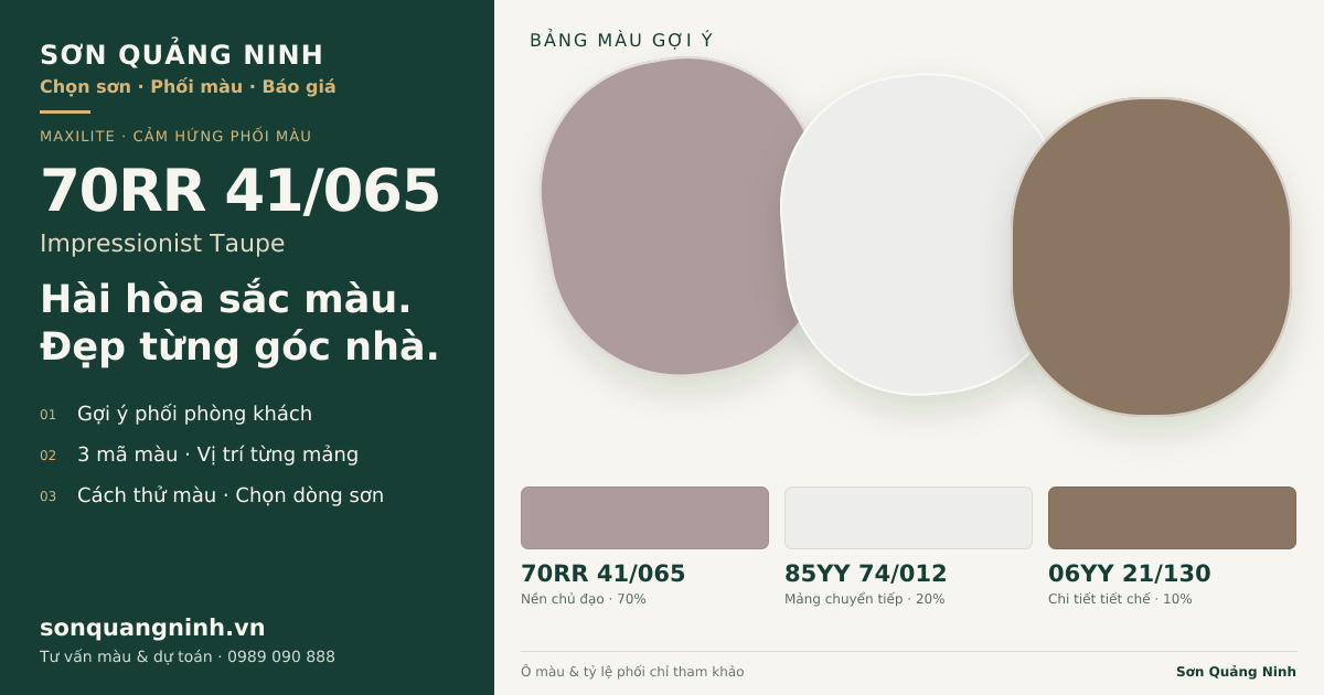 Maxilite 70RR 41/065 Impressionist Taupe · Phòng khách · Bộ phối 70RR 41/065 + 85YY 74/012 + 06YY 21/130. Bảng màu gợi ý; ảnh chỉ tham khảo.