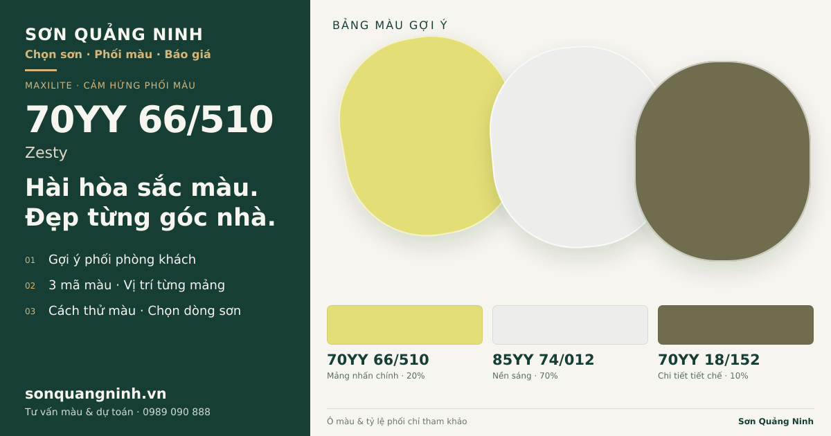 Maxilite 70YY 66/510 Zesty · Phòng khách · Bộ phối 70YY 66/510 + 85YY 74/012 + 70YY 18/152. Bảng màu gợi ý; ảnh chỉ tham khảo.