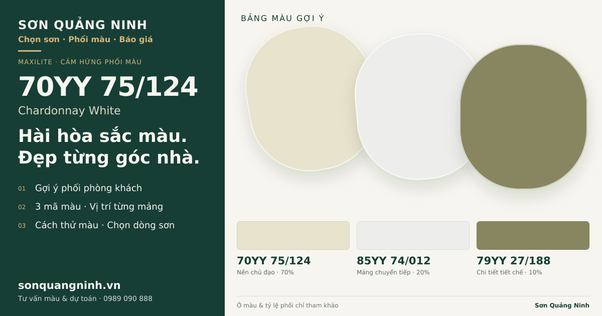 Maxilite 70YY 75/124 Chardonnay White · Phòng khách · Bộ phối 70YY 75/124 + 85YY 74/012 + 79YY 27/188. Bảng màu gợi ý; ảnh chỉ tham khảo.