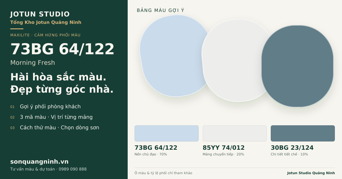 Maxilite 73BG 64/122 Morning Fresh · Phòng khách · Bộ phối 73BG 64/122 + 85YY 74/012 + 30BG 23/124. Bảng màu gợi ý; ảnh chỉ tham khảo.