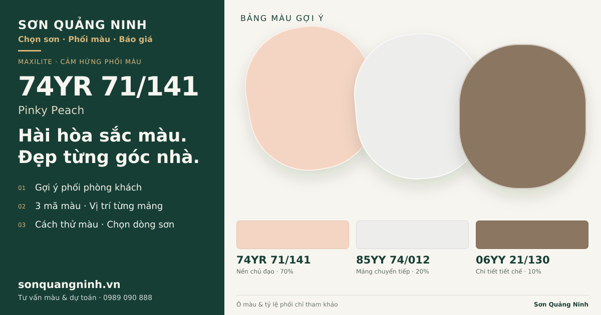 Maxilite 74YR 71/141 Pinky Peach · Phòng khách · Bộ phối 74YR 71/141 + 85YY 74/012 + 06YY 21/130. Bảng màu gợi ý; ảnh chỉ tham khảo.