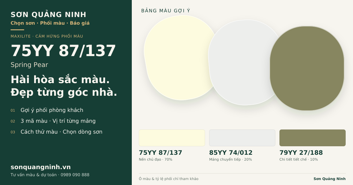 Maxilite 75YY 87/137 Spring Pear · Phòng khách · Bộ phối 75YY 87/137 + 85YY 74/012 + 79YY 27/188. Bảng màu gợi ý; ảnh chỉ tham khảo.