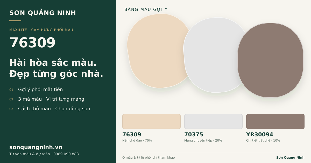 Maxilite 76309 · Mặt tiền · Bộ phối 76309 + 70375 + YR30094. Bảng màu gợi ý; ảnh chỉ tham khảo.