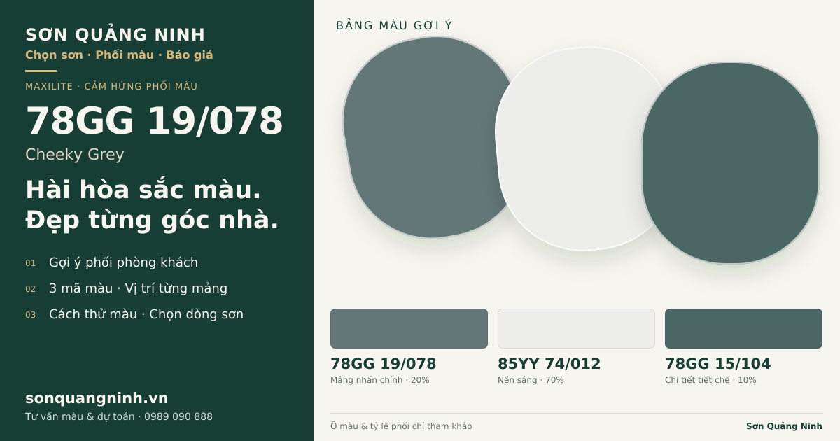 Maxilite 78GG 19/078 Cheeky Grey · Phòng khách · Bộ phối 78GG 19/078 + 85YY 74/012 + 78GG 15/104. Bảng màu gợi ý; ảnh chỉ tham khảo.