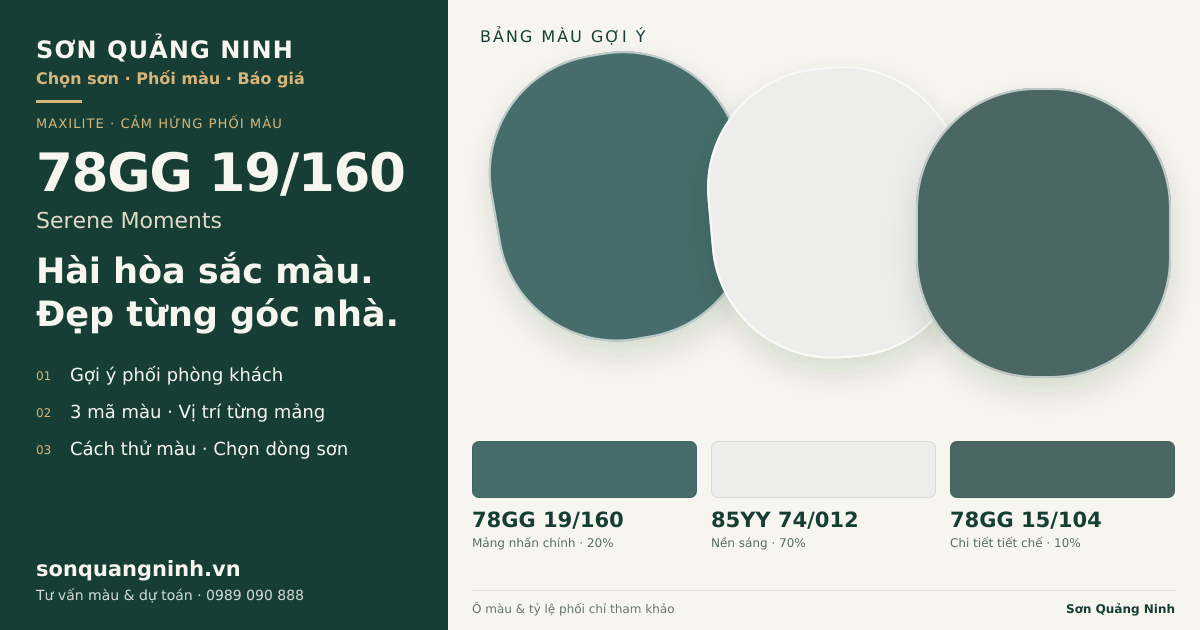 Maxilite 78GG 19/160 Serene Moments · Phòng khách · Bộ phối 78GG 19/160 + 85YY 74/012 + 78GG 15/104. Bảng màu gợi ý; ảnh chỉ tham khảo.