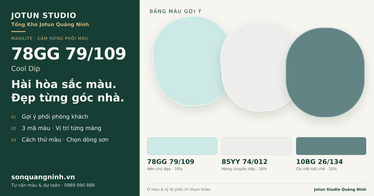Maxilite 78GG 79/109 Cool Dip · Phòng khách · Bộ phối 78GG 79/109 + 85YY 74/012 + 10BG 26/134. Bảng màu gợi ý; ảnh chỉ tham khảo.