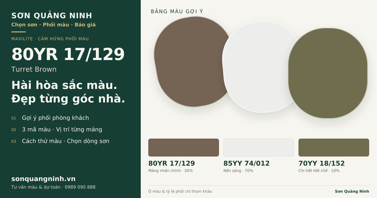 Maxilite 80YR 17/129 Turret Brown · Phòng khách · Bộ phối 80YR 17/129 + 85YY 74/012 + 70YY 18/152. Bảng màu gợi ý; ảnh chỉ tham khảo.