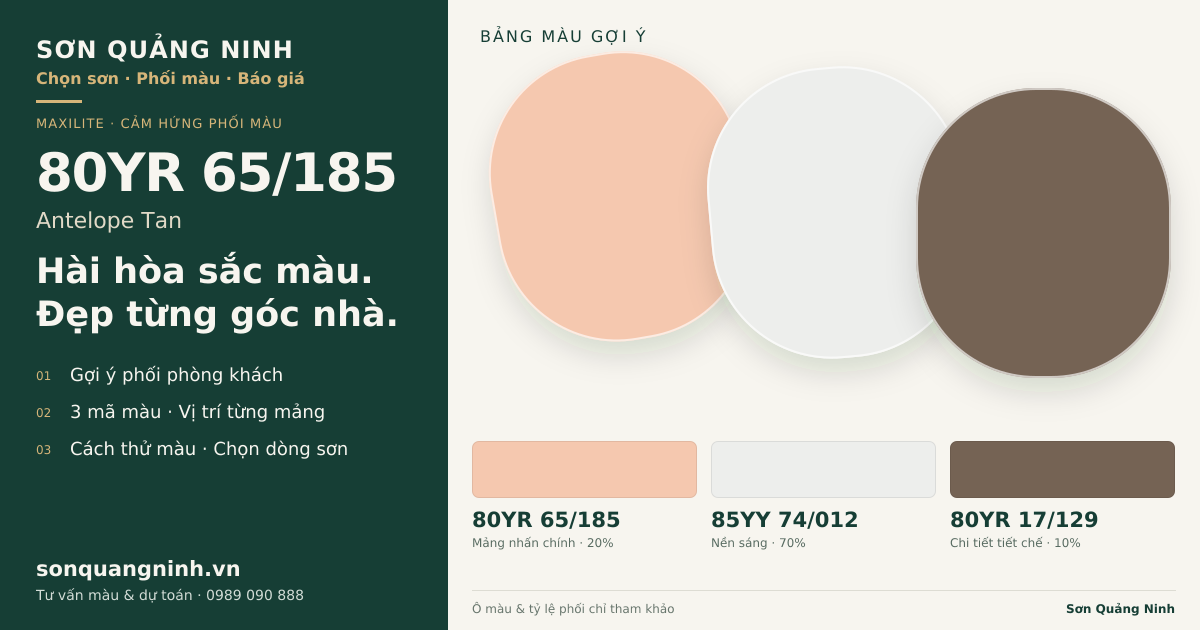 Maxilite 80YR 65/185 Antelope Tan · Phòng khách · Bộ phối 80YR 65/185 + 85YY 74/012 + 80YR 17/129. Bảng màu gợi ý; ảnh chỉ tham khảo.