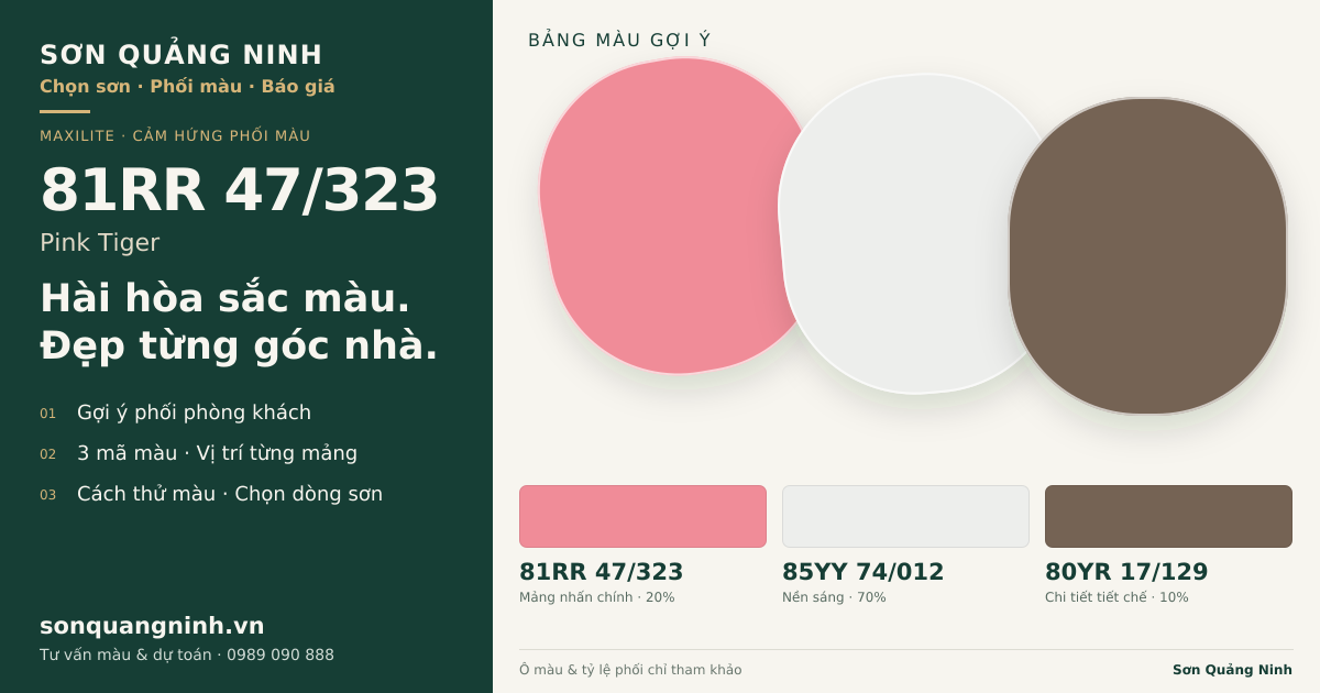 Maxilite 81RR 47/323 Pink Tiger · Phòng khách · Bộ phối 81RR 47/323 + 85YY 74/012 + 80YR 17/129. Bảng màu gợi ý; ảnh chỉ tham khảo.