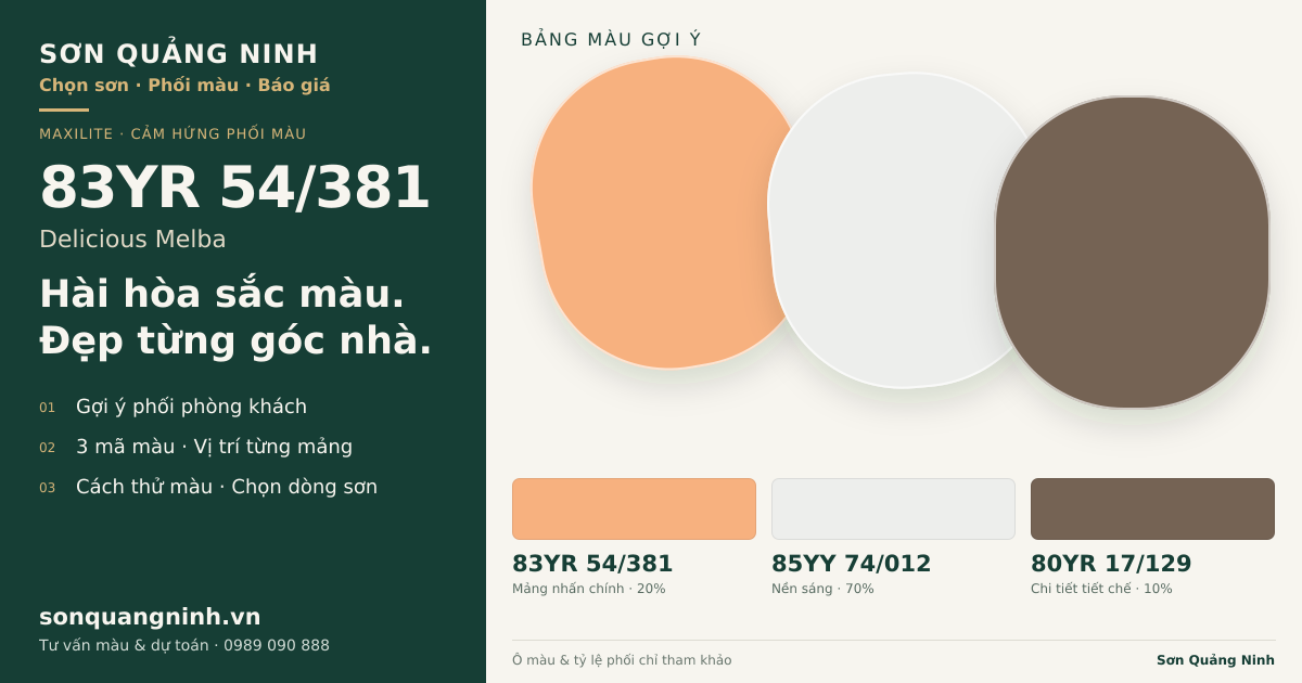 Maxilite 83YR 54/381 Delicious Melba · Phòng khách · Bộ phối 83YR 54/381 + 85YY 74/012 + 80YR 17/129. Bảng màu gợi ý; ảnh chỉ tham khảo.