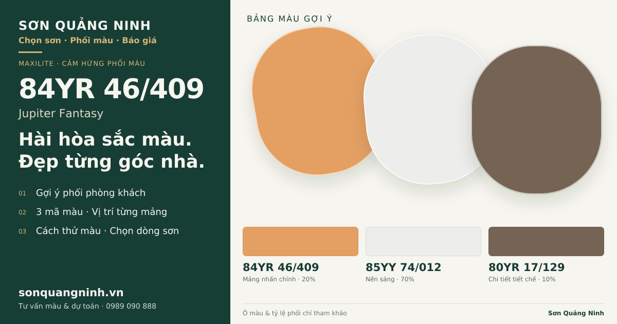 Maxilite 84YR 46/409 Jupiter Fantasy · Phòng khách · Bộ phối 84YR 46/409 + 85YY 74/012 + 80YR 17/129. Bảng màu gợi ý; ảnh chỉ tham khảo.