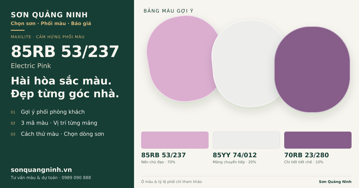 Maxilite 85RB 53/237 Electric Pink · Phòng khách · Bộ phối 85RB 53/237 + 85YY 74/012 + 70RB 23/280. Bảng màu gợi ý; ảnh chỉ tham khảo.