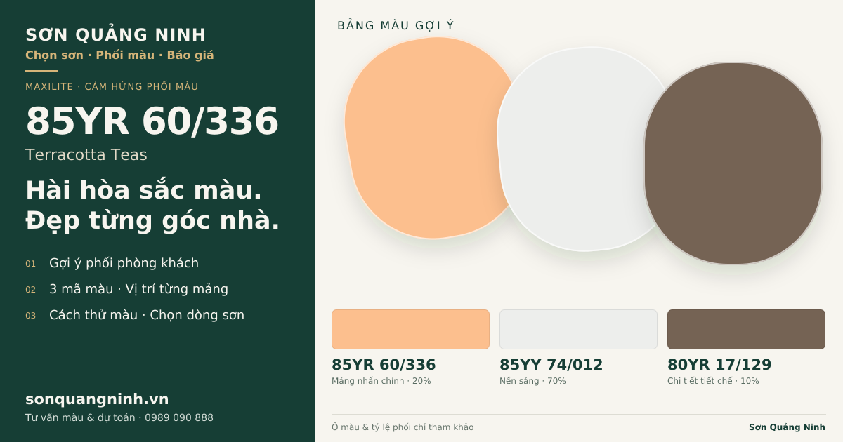 Maxilite 85YR 60/336 Terracotta Teas · Phòng khách · Bộ phối 85YR 60/336 + 85YY 74/012 + 80YR 17/129. Bảng màu gợi ý; ảnh chỉ tham khảo.