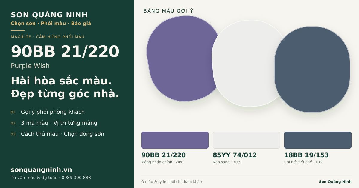 Maxilite 90BB 21/220 Purple Wish · Phòng khách · Bộ phối 90BB 21/220 + 85YY 74/012 + 18BB 19/153. Bảng màu gợi ý; ảnh chỉ tham khảo.