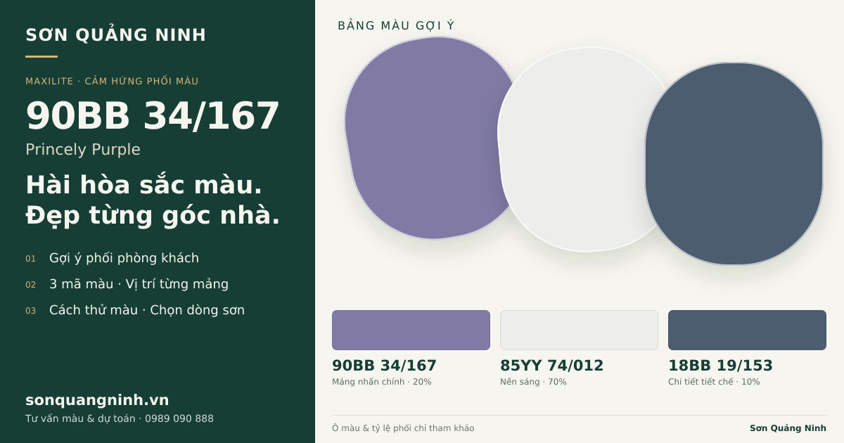 Maxilite 90BB 34/167 Princely Purple · Phòng khách · Bộ phối 90BB 34/167 + 85YY 74/012 + 18BB 19/153. Bảng màu gợi ý; ảnh chỉ tham khảo.