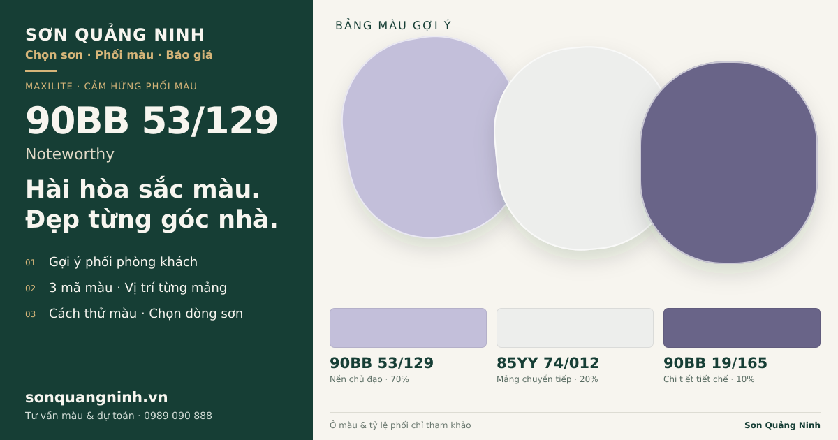 Maxilite 90BB 53/129 Noteworthy · Phòng khách · Bộ phối 90BB 53/129 + 85YY 74/012 + 90BB 19/165. Bảng màu gợi ý; ảnh chỉ tham khảo.