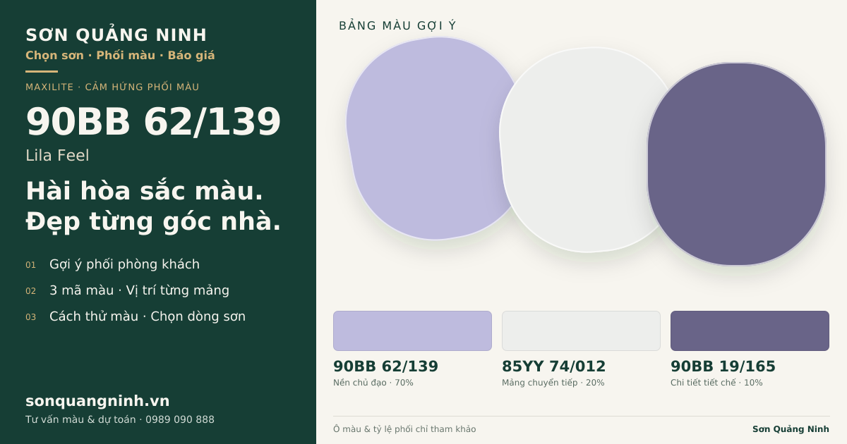 Maxilite 90BB 62/139 Lila Feel · Phòng khách · Bộ phối 90BB 62/139 + 85YY 74/012 + 90BB 19/165. Bảng màu gợi ý; ảnh chỉ tham khảo.