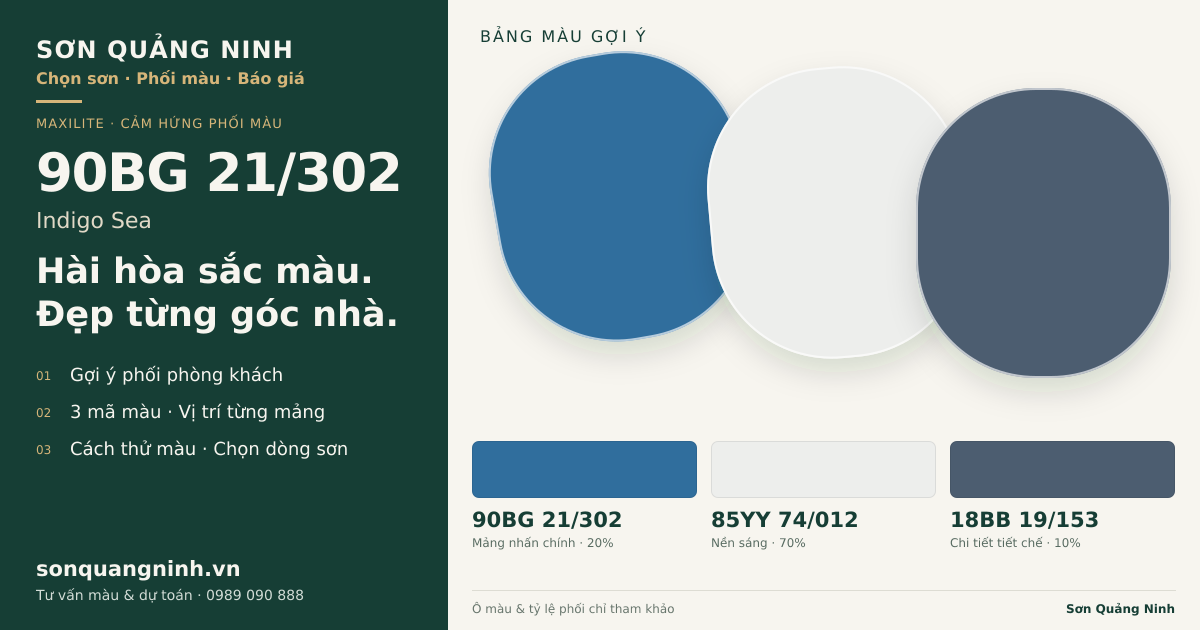 Maxilite 90BG 21/302 Indigo Sea · Phòng khách · Bộ phối 90BG 21/302 + 85YY 74/012 + 18BB 19/153. Bảng màu gợi ý; ảnh chỉ tham khảo.
