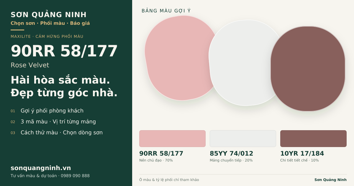 Maxilite 90RR 58/177 Rose Velvet · Phòng khách · Bộ phối 90RR 58/177 + 85YY 74/012 + 10YR 17/184. Bảng màu gợi ý; ảnh chỉ tham khảo.