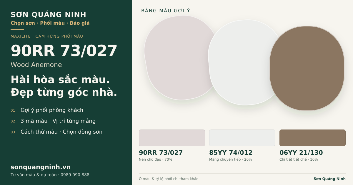 Maxilite 90RR 73/027 Wood Anemone · Phòng khách · Bộ phối 90RR 73/027 + 85YY 74/012 + 06YY 21/130. Bảng màu gợi ý; ảnh chỉ tham khảo.