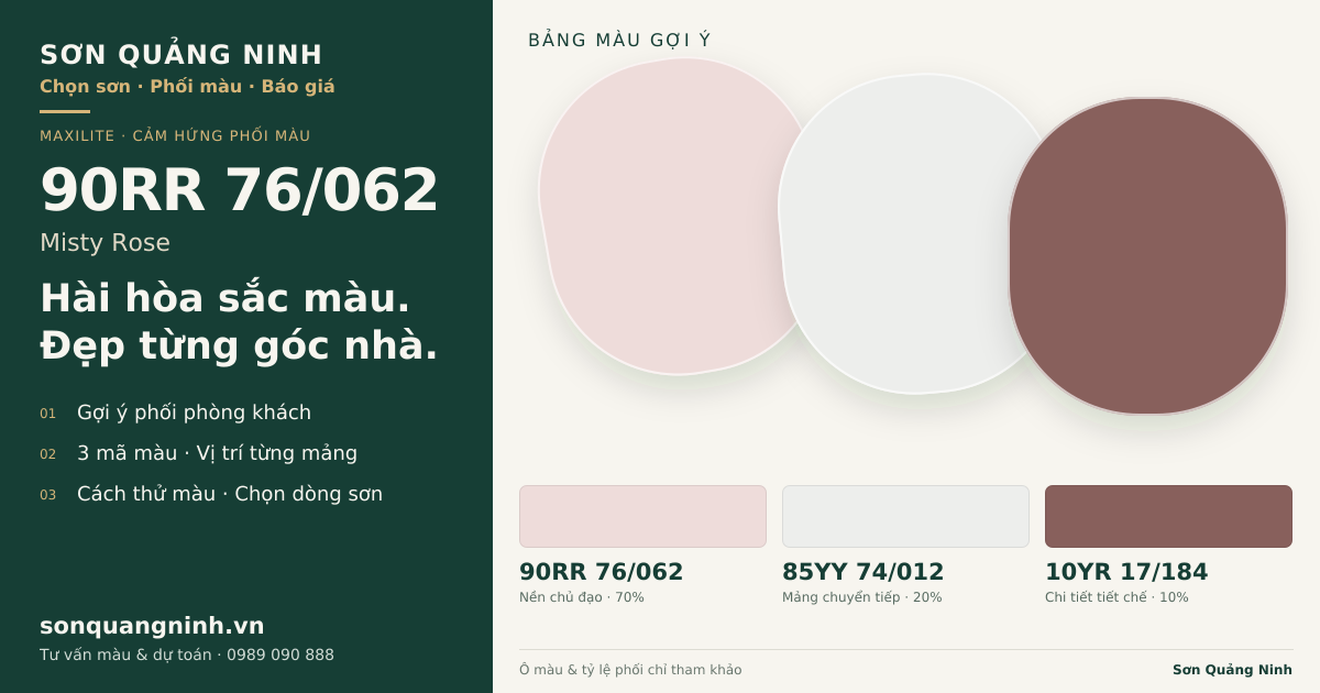 Maxilite 90RR 76/062 Misty Rose · Phòng khách · Bộ phối 90RR 76/062 + 85YY 74/012 + 10YR 17/184. Bảng màu gợi ý; ảnh chỉ tham khảo.