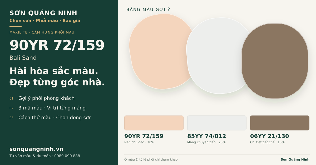 Maxilite 90YR 72/159 Bali Sand · Phòng khách · Bộ phối 90YR 72/159 + 85YY 74/012 + 06YY 21/130. Bảng màu gợi ý; ảnh chỉ tham khảo.