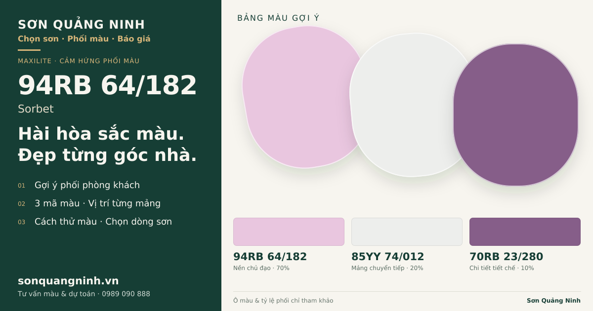 Maxilite 94RB 64/182 Sorbet · Phòng khách · Bộ phối 94RB 64/182 + 85YY 74/012 + 70RB 23/280. Bảng màu gợi ý; ảnh chỉ tham khảo.