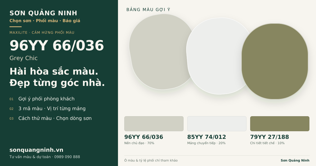 Maxilite 96YY 66/036 Grey Chic · Phòng khách · Bộ phối 96YY 66/036 + 85YY 74/012 + 79YY 27/188. Bảng màu gợi ý; ảnh chỉ tham khảo.