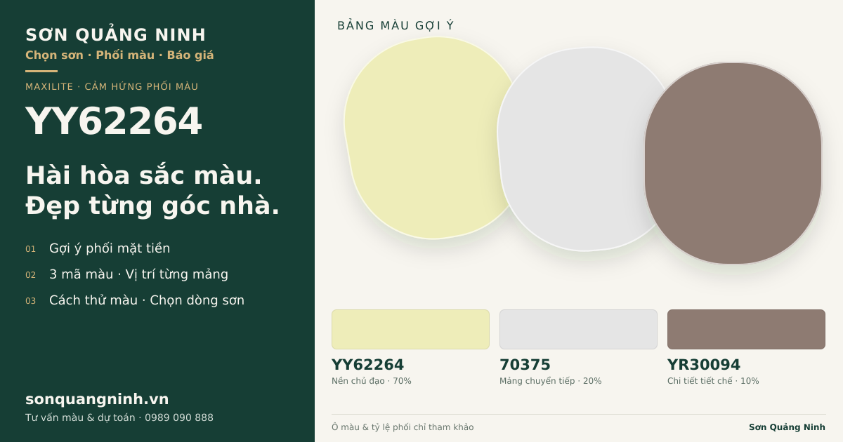Maxilite YY62264 · Mặt tiền · Bộ phối YY62264 + 70375 + YR30094. Bảng màu gợi ý; ảnh chỉ tham khảo.