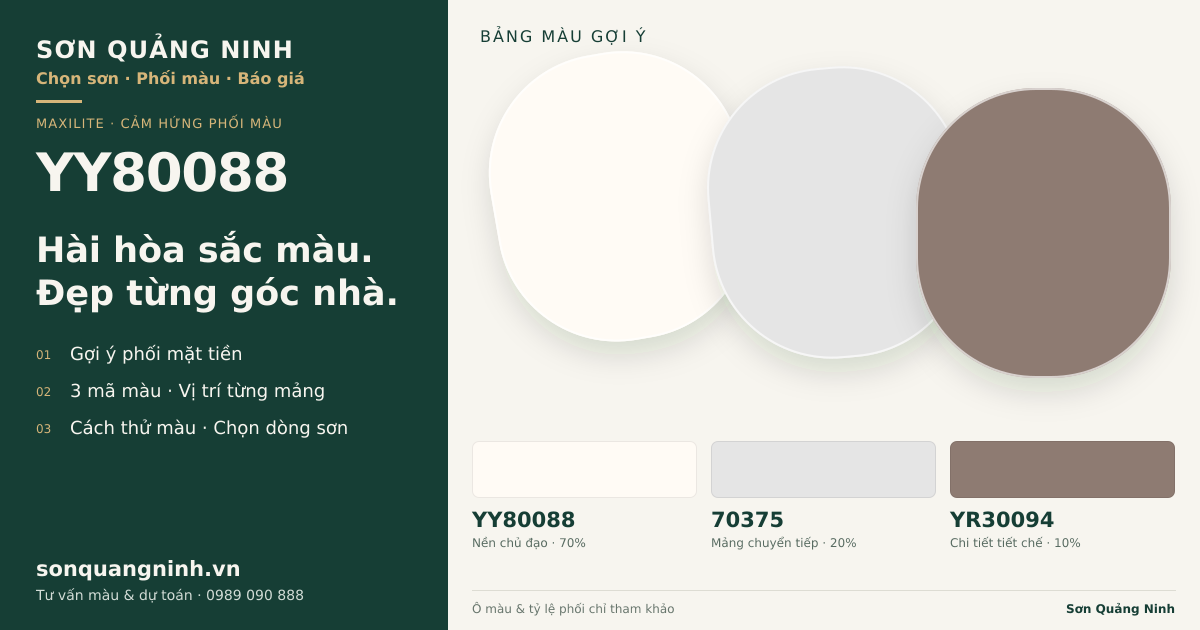 Maxilite YY80088 · Mặt tiền · Bộ phối YY80088 + 70375 + YR30094. Bảng màu gợi ý; ảnh chỉ tham khảo.